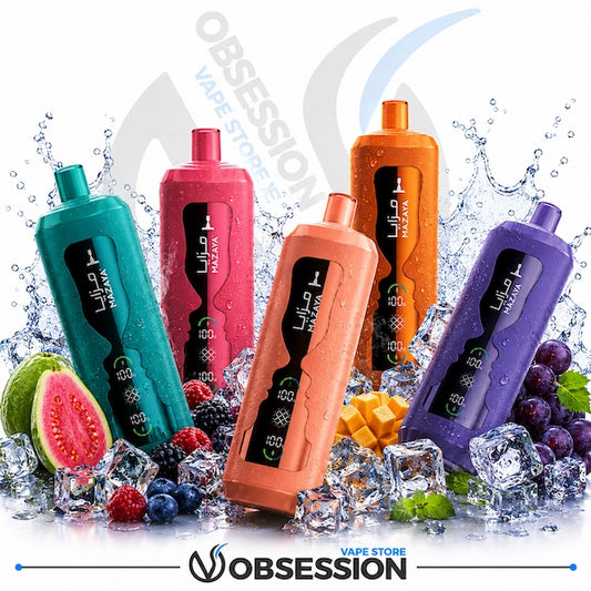 Five colorful vape devices with ice cubes and fruits on a white background, featuring the brand 'Obsession'.