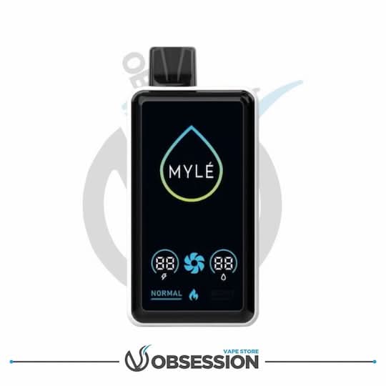 Myle device with digital display on a white background, branded with Obsession Vape Store.