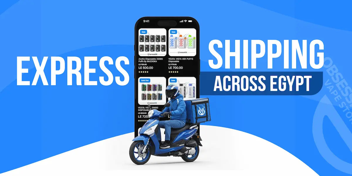 Phone screen showing a shipping app with a delivery person on a scooter, text 'Express Shipping Across Egypt' on a blue background.
