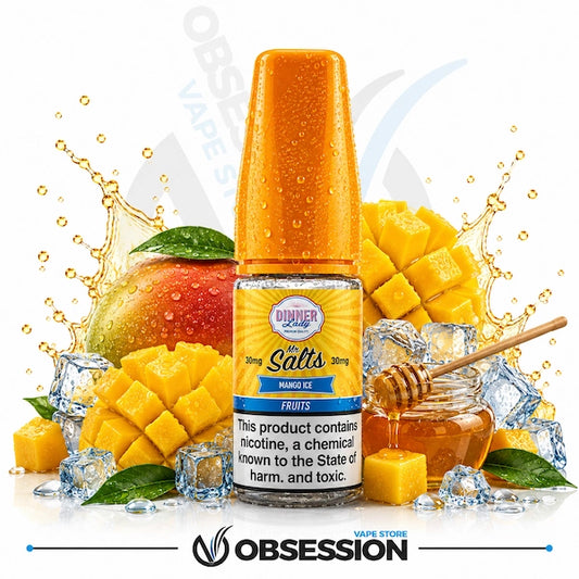 Mango Ice Salt 30ml By Dinner Lady.webp shows a Dinner Lady Mango Ice Salts vape juice bottle with a vibrant, droplet-covered orange cap. The bottle is positioned centrally and surrounded by an rich, high-contrast arrangement of flavor and cooling elements