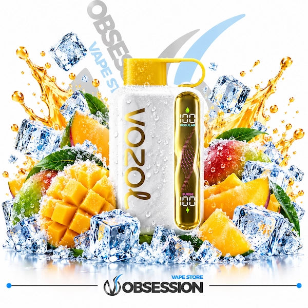A white Obession Vozel vape device with a yellow mouthpiece and gold accents, surrounded by ice cubes, mango slices, and green leaves on a white background with Obession branding.