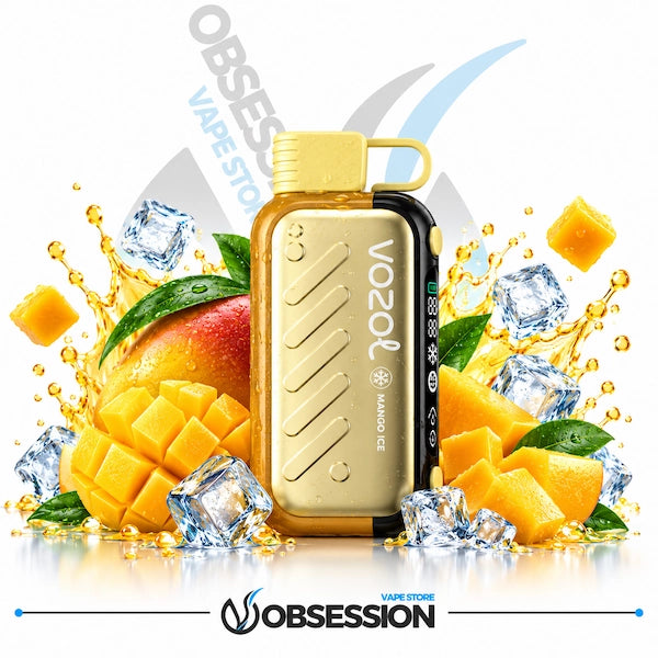 A gold and black Vozol vape device with a mango ice flavor theme, surrounded by graphic elements of sliced mango, ice cubes, and liquid splashes on a white background with Obsession and VapoStone branding.