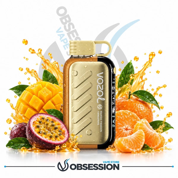 A Vozol disposable vape device in a metallic gold finish with a black side accent, surrounded by fresh fruit slices and splashes of orange juice on a white background. The image features 'Obsession' branding at the bottom and a faint 'Obsess Vapes' watermark in the background.