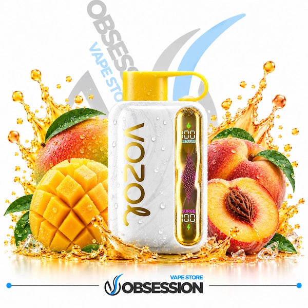 A white VOOZ vape device with a yellow mouthpiece and side display, surrounded by fresh mango and peach fruits with water splashes on a white background. Obsession Vape Store branding is visible.