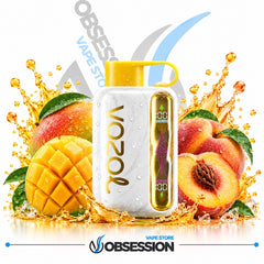 A white VOOZ vape device with a yellow mouthpiece and side display, surrounded by fresh mango and peach fruits with water splashes on a white background. Obsession Vape Store branding is visible.
