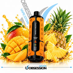 A vape device labeled 'MANGO PINEAPPLE' stands centered between illustrated mangoes and pineapples with orange juice splashes on a white background. The device itself is black and orange, and the image includes visible branding for Obsess Vape Store and Obsession.