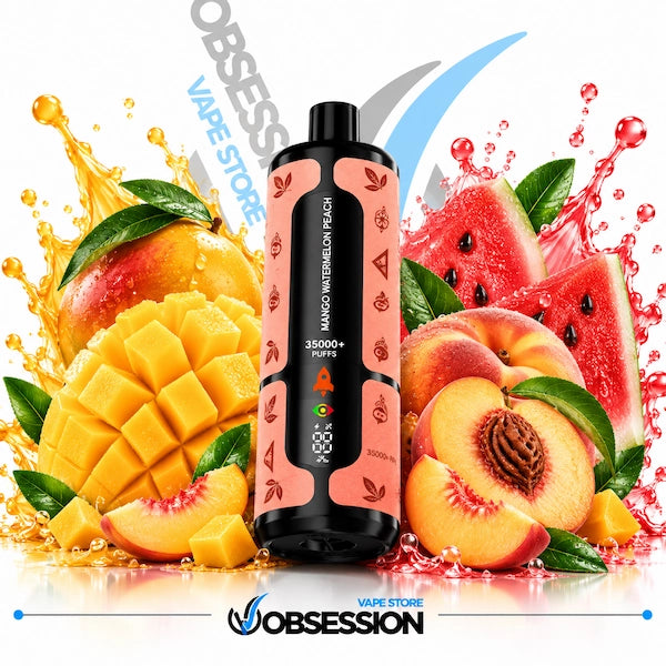 A single disposable vape device stands upright in the center against a white background, surrounded by fresh fruit graphics including mango, peach slices, watermelon wedges, and juice splashes. The device has a black body with a peach-colored front label and a black mouthpiece.