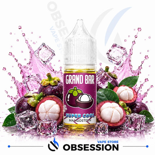 Grand Bar Super Cool Mangosteen vape juice bottle with mangosteens and ice cubes on a white background.