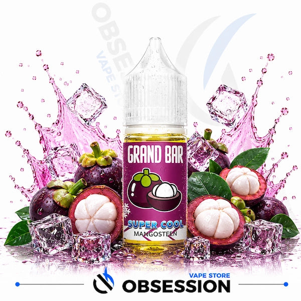 Grand Bar Super Cool Mangosteen vape juice bottle with mangosteens and ice cubes on a white background.