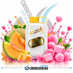 A Vozol disposable vape device in white with a gold and black digital screen, surrounded by fresh cantaloupe melon slices, pink ice cubes, and pink bubble splashes on a white background. The Obsession Vape Store logo is visible at the bottom.