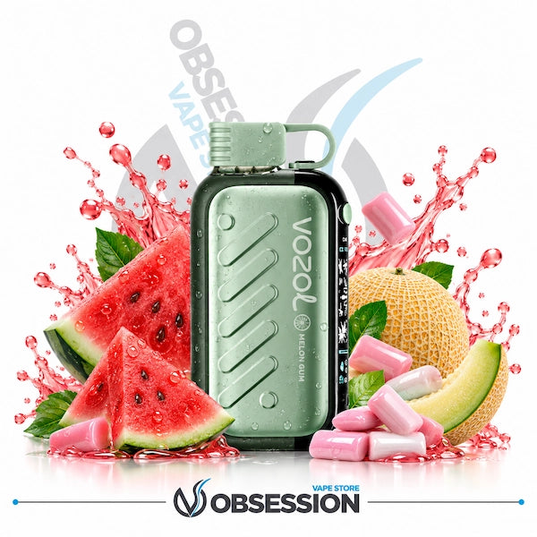 A Vozol V2.0 Pocket vape device in mint green and black, surrounded by fresh watermelon slices, cantaloupe melon, pink gummy candies, and pink liquid splashes on a white background with Obsession branding.