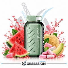 A Vozol V2.0 Pocket vape device in mint green and black, surrounded by fresh watermelon slices, cantaloupe melon, pink gummy candies, and pink liquid splashes on a white background with Obsession branding.
