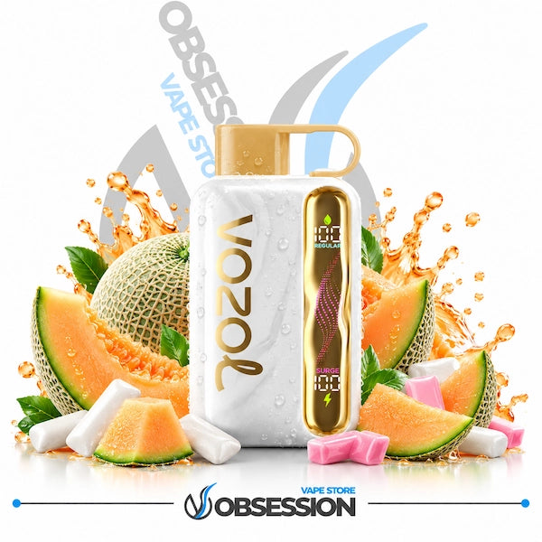 A white VOZOL vape device with gold accents and a digital display, surrounded by melon slices, cantaloupe, mint leaves, and pink and white sugar cubes, with a water-droplet effect. The background is white with a faint Obsession logo and a blue swoosh.