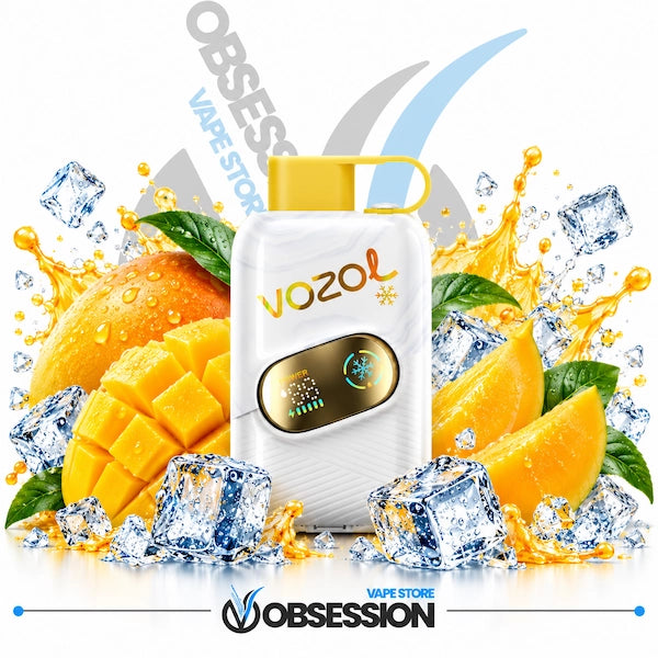 A white Vozol vape device with a yellow mouthpiece and a gold display screen, surrounded by fresh mango slices, green leaves, ice cubes, and orange juice splashes on a white background. The Obsession Vape Store logo is visible at the bottom.