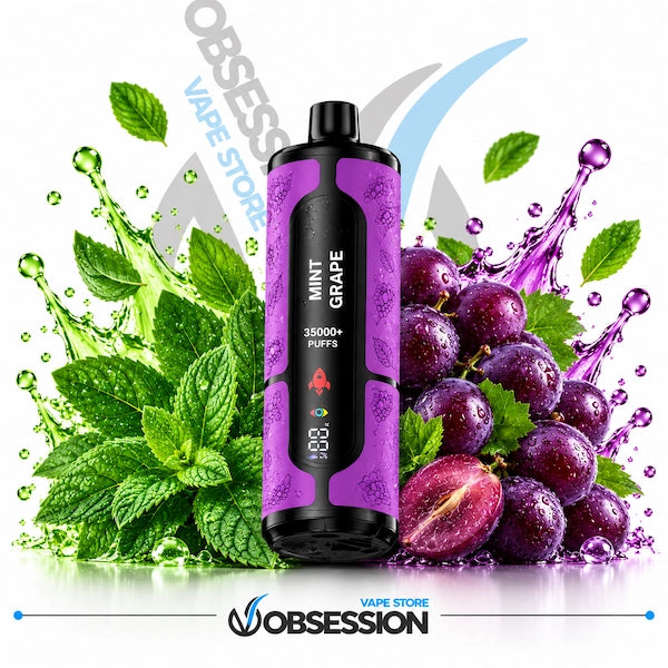 A purple and black disposable vape device labeled 'MINT GRAPE' stands centered between green mint leaves and purple grape graphics with water splashes on a white background. The Obsession Vape Store logo appears at the bottom.
