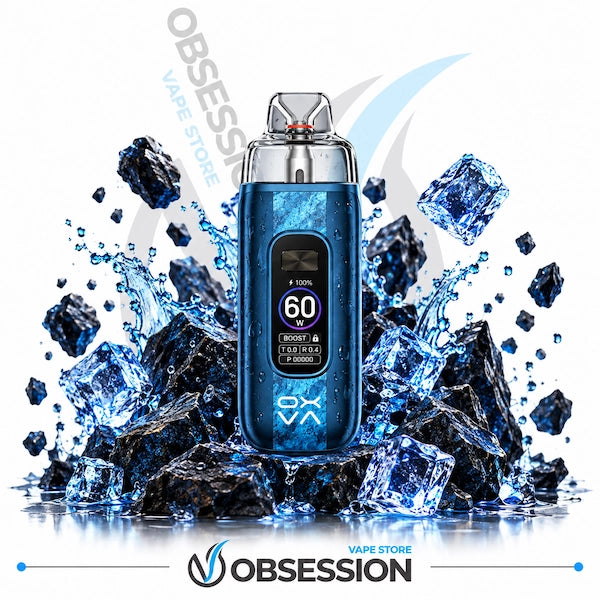 A blue and silver Obsession vape device with a digital display screen, set against a dynamic background of ice cubes and black rocks with water splashes. The brand name 'OBSESSION' is visible at the bottom and as a diagonal watermark.