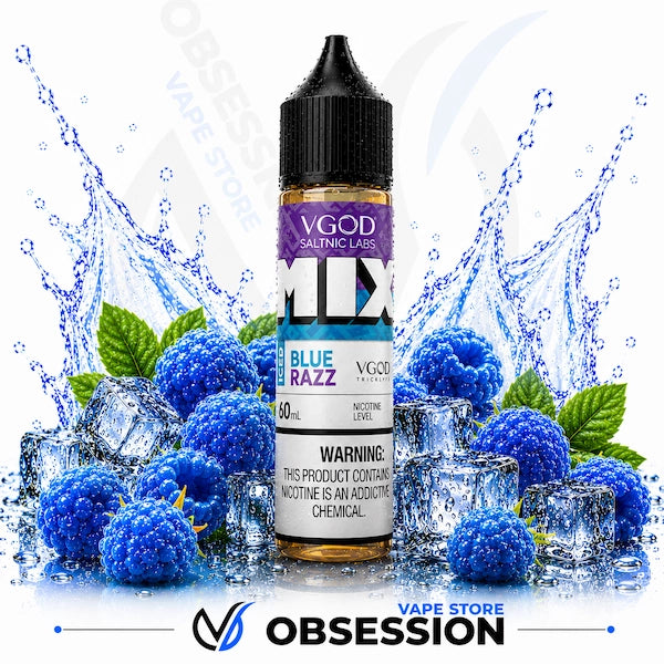 VGOD e-liquid bottle with blueberries and ice cubes on a white background