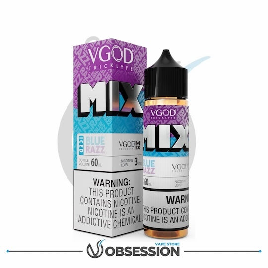 VGOD MIX Blue Razz e-liquid bottle and packaging on a white background