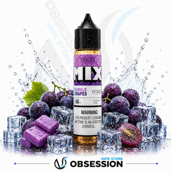 Vape juice bottle with bubble grapes flavor surrounded by grapes and ice cubes on a white background.