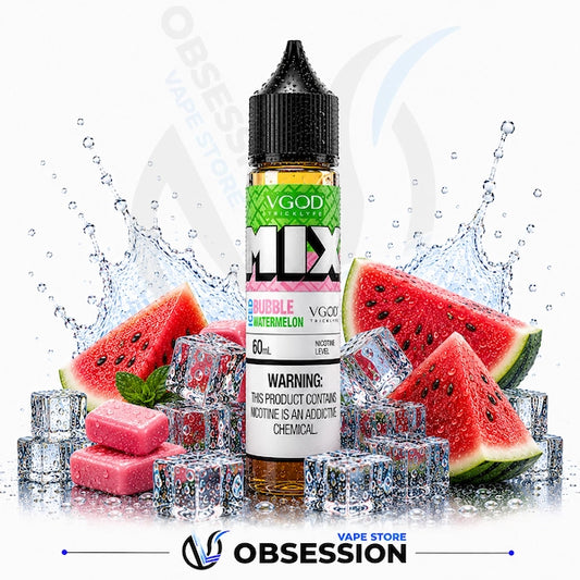 Vape juice bottle with watermelon slices and ice cubes on a white background