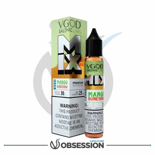 VGOD Salt Nic Labs MX Mango Honeydew vape juice bottle and packaging on a white background
