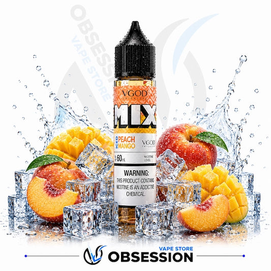 VGOD MIX peach mango vape juice bottle with fruit and ice cubes on a white background