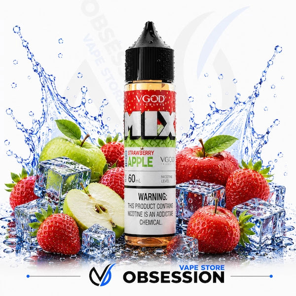 VGod e-liquid bottle with strawberry and apple elements on a white background
