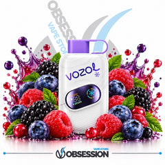 A white Vozol vape device with a purple mouthpiece and digital display screen, surrounded by fresh berries and fruit splashes on a white background with Obsession and Vapo Store branding.