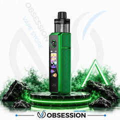 A green and black Obsession vape device stands on a glowing circular platform with rocks and green smoke effects around it. The background is white with faint Obsession branding and a blue wave graphic.