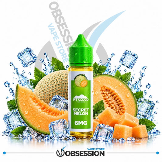 A bottle of Obsession My Cloud Vape Store Secret Melon 6MG e-liquid is centered against a white background, surrounded by graphic elements of sliced melon, cubes, and ice. The bottle has a bright green cap and a white label with green and yellow graphics.