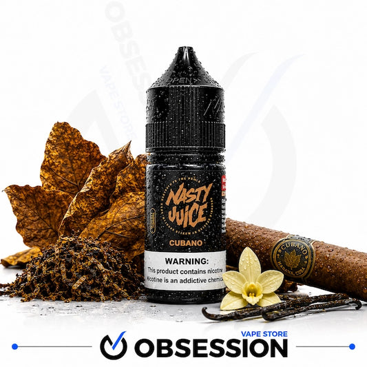 A bottle of Nasty Juice Havana Cubano e-liquid centered on a white background, surrounded by Cuban tobacco leaves, tobacco leaves, a cigar, and a vanilla flower. The Obsession Vape Store logo is visible at the bottom.