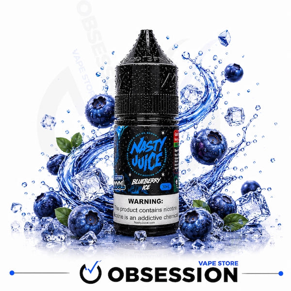 A bottle of Obsession Nasty Juice Blueberry Ice e-liquid centered on a white background, surrounded by illustrated blueberries, ice cubes, and blue splash graphics. The bottle label shows the brand name Nasty Juice and flavor Blueberry Ice, with a visible Obsession watermark and store text at the bottom.