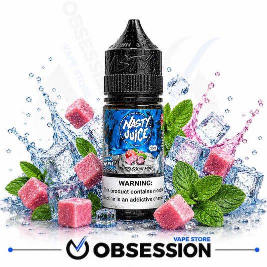 A bottle of Nasty Juice e-liquid in Blue Raspberry Mint flavor, surrounded by ice cubes, pink sugar cubes, and mint leaves on a white background with a large Obsession Vape Store logo at the bottom.