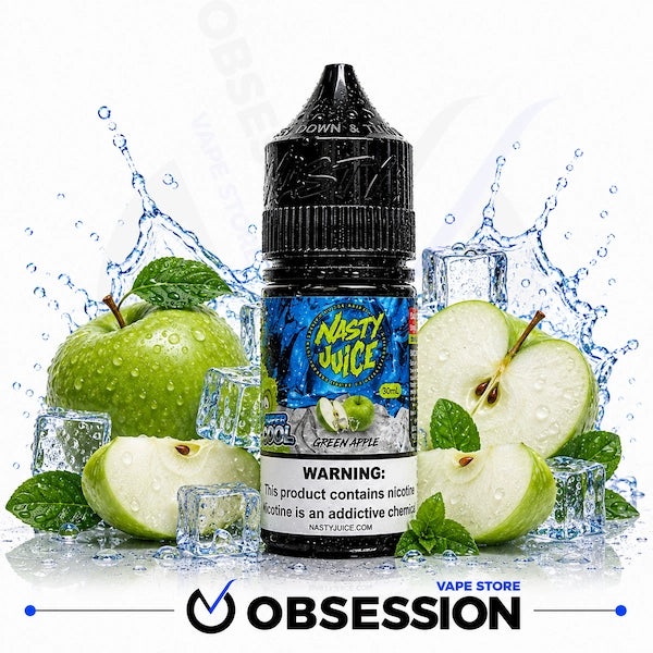 A bottle of Nasty Juice Green Apple e-liquid centered on a white background, surrounded by fresh green apples, ice cubes, and mint leaves with water splashes. The bottle label is blue and black, and a large Obsession VAPE Store logo appears at the bottom.