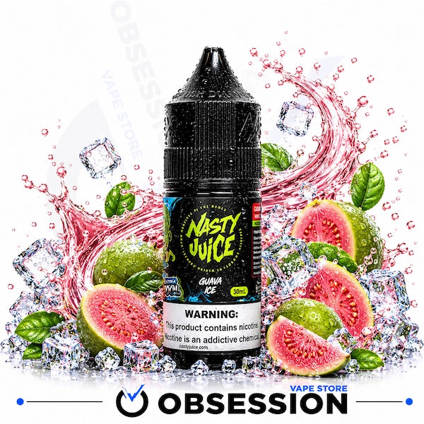A bottle of Nasty Juice e-liquid in Guava Ice flavor, styled with fresh guava slices, mint leaves, ice cubes, and a pink liquid splash on a white background, with an Obsession Vape Store watermark and logo at the bottom.