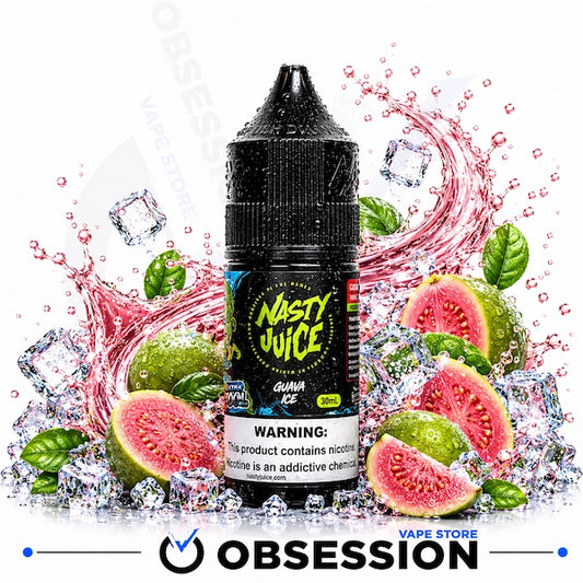 A bottle of Nasty Juice e-liquid in Guava Ice flavor, styled with fresh guava slices, mint leaves, ice cubes, and a pink liquid splash on a white background, with an Obsession Vape Store watermark and logo at the bottom.