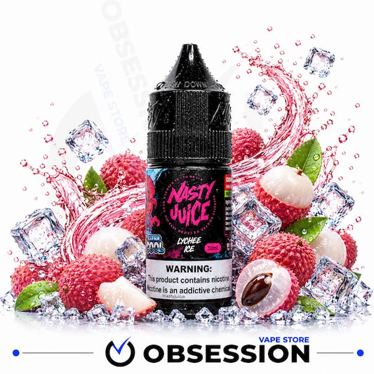 A bottle of Nasty Juice e-liquid in the Lychee Ice flavor, surrounded by fresh lychees, mint leaves, and ice cubes on a white background with a Obsession Vape Store watermark and logo.