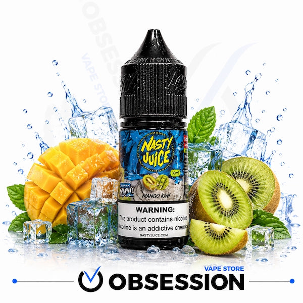 A bottle of e-liquid centered on a white background with fruit and ice props. The bottle label reads 'Nasty Juice' and 'Mango Kiwi'.