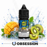 A bottle of e-liquid centered on a white background with fruit and ice props. The bottle label reads 'Nasty Juice' and 'Mango Kiwi'.