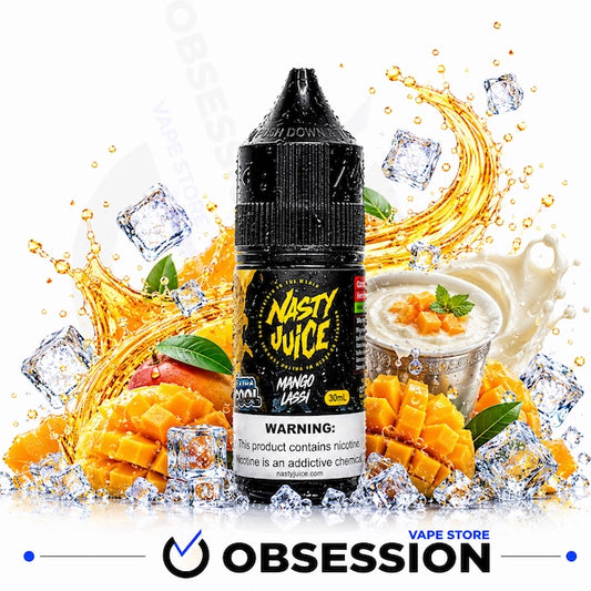 A bottle of Nasty Juice Mango Lesh e-liquid centered against a white background, surrounded by a stylized splash of golden liquid, ice cubes, sliced mango, mint leaves, and a cup of creamy drink. The bottle label reads 'Nasty Juice' and 'Mango Lesh'.