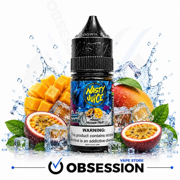 A bottle of Nasty Juice Mango Passion Fruit e-liquid centered against a white background with water splashes, fruit slices, and ice cubes. The bottle label shows the Nasty Juice branding and flavor artwork.