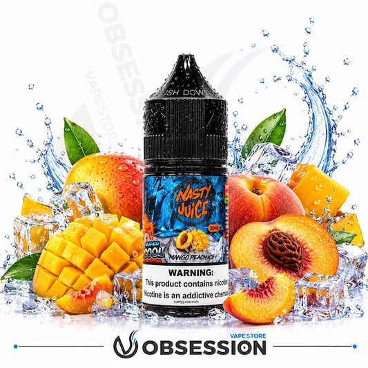 A bottle of Nasty Juice Mango Peach e-liquid centered against a white background, surrounded by fresh mangoes, peaches, ice cubes, and water splashes. The Obsession Vape Store logo is visible at the bottom.