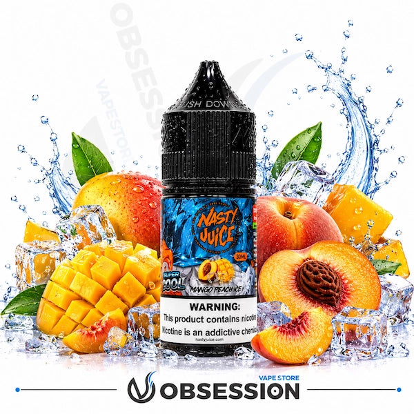 A bottle of Nasty Juice Mango Peach e-liquid centered against a white background, surrounded by fresh mangoes, peaches, ice cubes, and water splashes. The Obsession Vape Store logo is visible at the bottom.