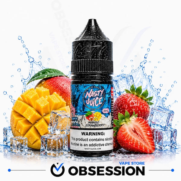A bottle of Nasty Juice Mango Strawberry e-liquid centered between fresh strawberries, a sliced mango, and ice cubes on a white background with water splashes. A large Obsession vape store logo appears at the bottom.