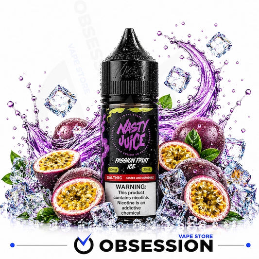 A bottle of Nasty Juice Passion Fruit Ice e-liquid centered against a white background, surrounded by illustrated purple passion fruit, halved fruit, ice cubes, and purple splash graphics. The bottle label shows the Nasty Juice branding and a nicotine warning.