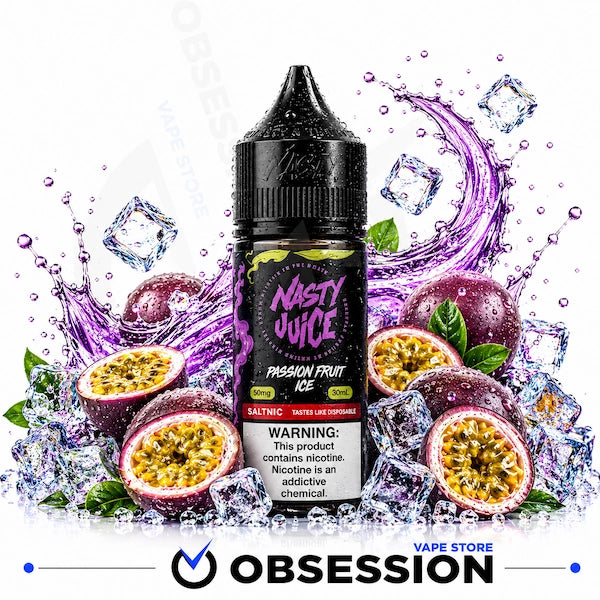 A bottle of Nasty Juice Passion Fruit Ice e-liquid centered against a white background, surrounded by illustrated purple passion fruit, halved fruit, ice cubes, and purple splash graphics. The bottle label shows the Nasty Juice branding and a nicotine warning.