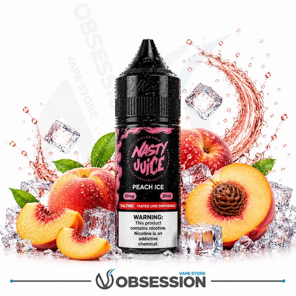 A bottle of Nasty Juice Peach Ice e-liquid centered on a white background, surrounded by fresh peaches, peach slices, ice cubes, and pink liquid splash graphics. The bottle label is black with pink lettering and a white warning panel.