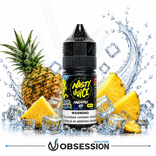 A bottle of Nasty Juice e-liquid labeled 'Pineapple Ice' is centered against a white background with a large pineapple, sliced pineapple, ice cubes, and water splashes. The bottle has a black cap and label with yellow and white text.