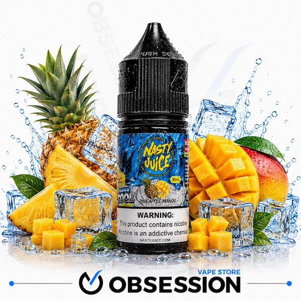 A bottle of Nasty Juice e-liquid in Pineapple Mango flavor, styled with fresh pineapple, mango, ice cubes, and water splashes on a white background, with an Obsession Vape Store logo at the bottom.