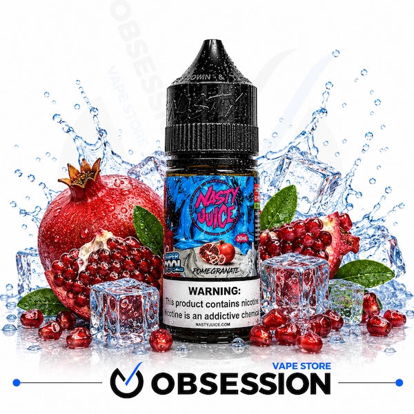 A bottle of Nasty Juice Pomegranate e-liquid centered against a white background with a dynamic splash of water, fresh whole and sliced pomegranates, green leaves, and ice cubes. The bottle label features a blue and red pomegranate graphic, and the bottom of the image includes the Obsession Vape Store logo.